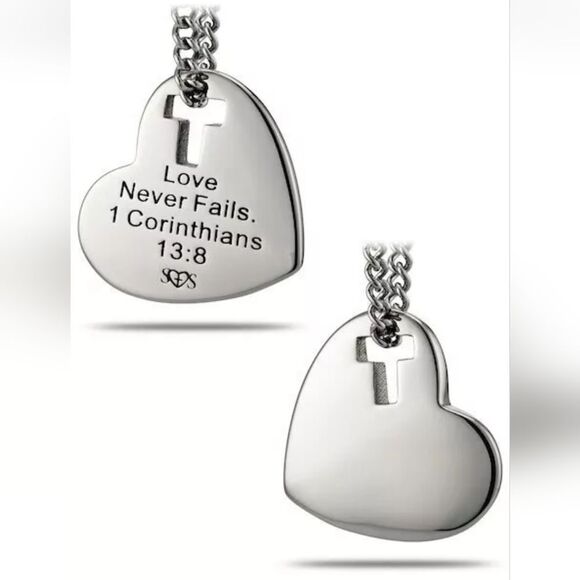 Sheilds Of Strength Women's Heart w/Cross Cut Out Necklace-I Corinthians 13:8 - Picture 1 of 4